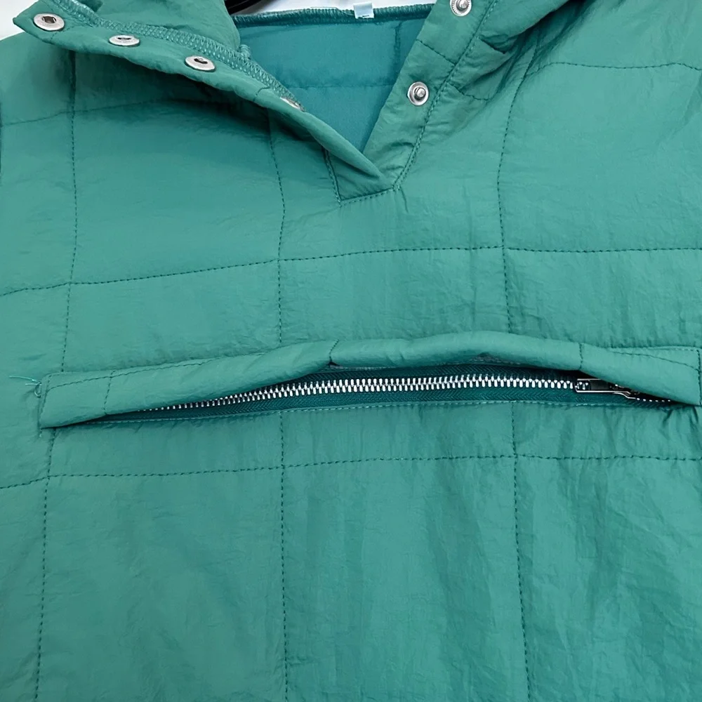 Green Quilted Hooded 1/4 Snap Pullover Jacket - Picture 4 of 5